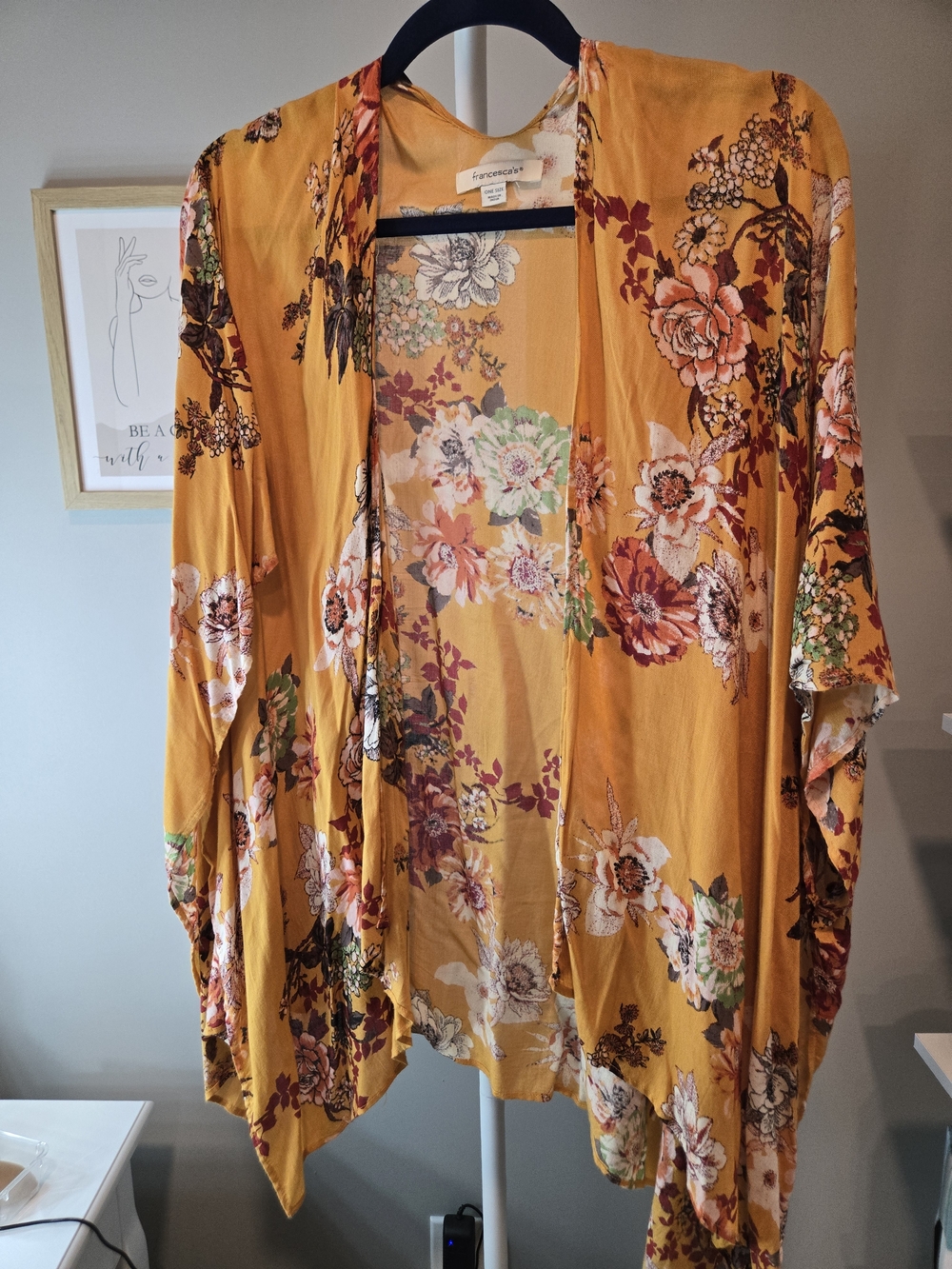 Francesca's Collections Mustard Floral Open Kimono